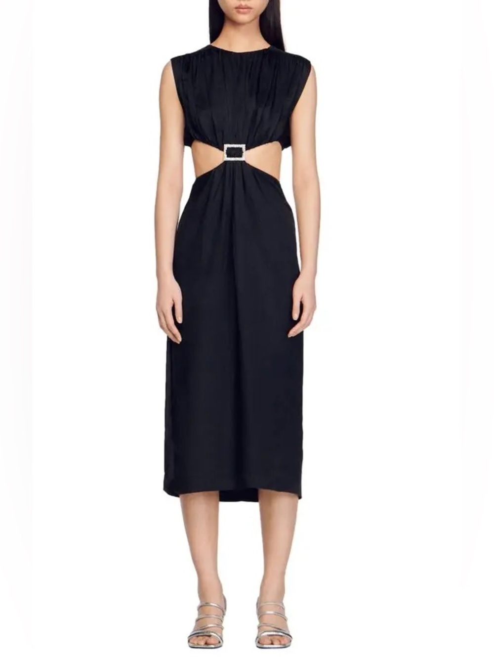 Sandro Paris Plaza Embellished Cut Out Midi Dress buckle satin maxi short sleeve